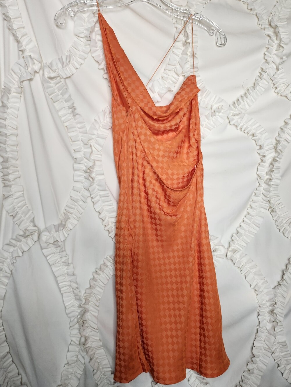 Beige Botany Orange Checkered Print slip dress One Shoulder open back Sz M